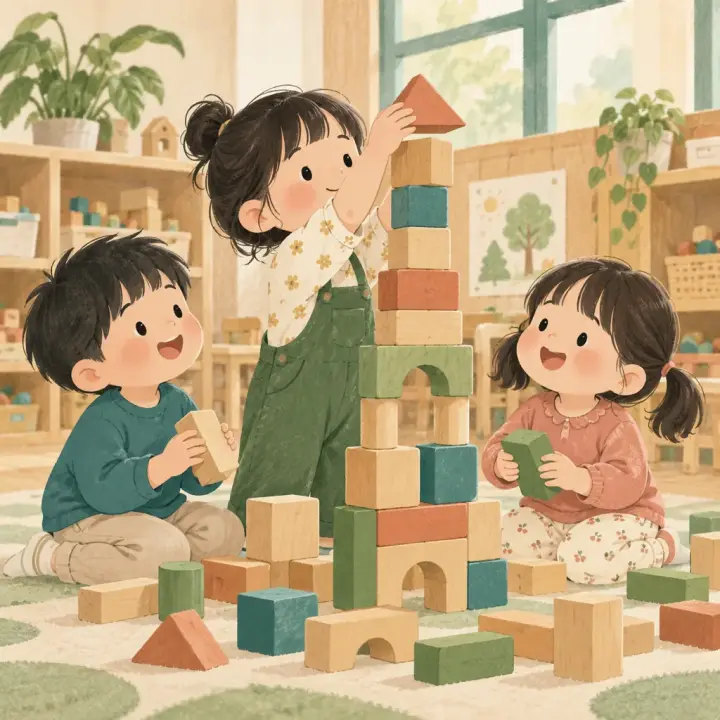 示範插畫:孩子們在教室疊積木(原圖)